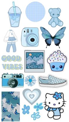 a bunch of stickers that are on top of a white surface with blue flowers