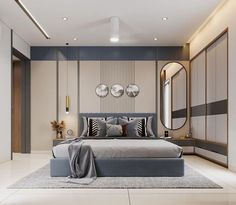 a modern bedroom with grey and white decor