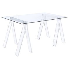 a clear glass table with metal legs