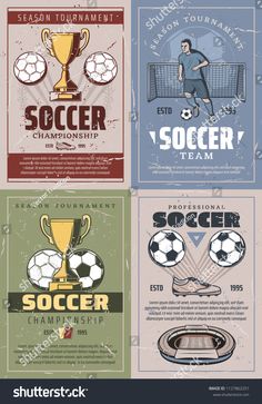 four soccer banners with different designs and colors