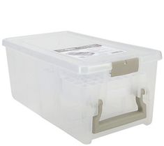 a large plastic storage box with handles and latches on the lid is shown in front of a white background