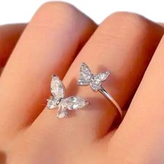 Crystal Butterfly Ring *Adjustable Ring *Zinc Alloy Adjustable Open Butterfly Ring For Anniversary, Adjustable White Butterfly Promise Ring, Adjustable Butterfly Ring For Gift, Adjustable White Butterfly Ring For Anniversary, Silver Butterfly Ring, 13 Birthday, Rose Gold Ring Set, Jewelry Butterfly, Dainty Wedding Ring