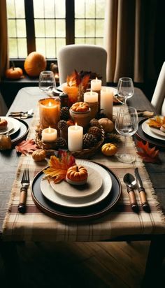 a table set for thanksgiving dinner with candles and pumpkins