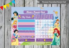 the disney princess reward chart is shown on a wooden table