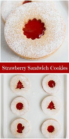 strawberry sandwich cookies with powdered sugar and jelly