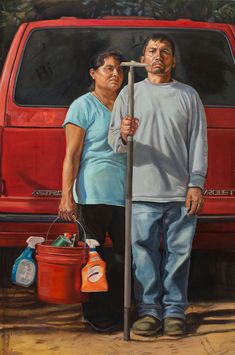 a painting of two people standing next to a red van and holding a large pole