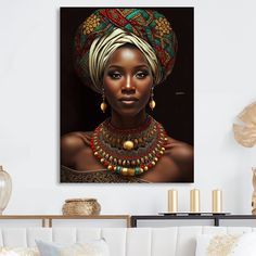 an african woman in a turban and necklaces is featured on a wall