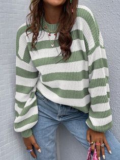 Round Neck Long Sleeve Striped Simple Sweater, Casual Daily Wear Multicolor Casual  Long Sleeve Fabric Colorblock,Striped Pullovers Slight Stretch Spring/Fall Women Clothing, size features are:Bust: ,Length: ,Sleeve Length: Nasa Wallpaper, Pullover Mode, Winter Closet, Day Outfits, Winter Pullover, Estilo Chic, Drop Shoulder Sweaters, Long Sleeve Knit Sweaters, Causual Outfits