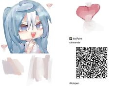 an anime character with long blue hair and pink heart shaped ears, next to a qr code