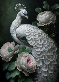 a painting of a white peacock surrounded by peonies and flowers on a black background