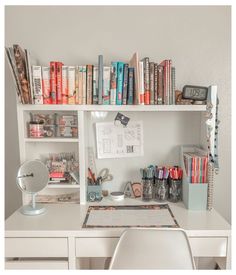 a white desk topped with lots of books