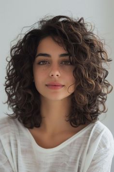 Beautiful Hair Style #fashion Curly Hairstyles Brunette, Medium Curly Hair Color Ideas, Curly Haircut Square Face, Medium Length Hair With Layers Curly Loose Curls Short Wavy, Medium Length Permed Hairstyles, Curly Shag No Bangs, Mid Length Curly Haircut, Curly Hairstyles For Long Faces, Perm Medium Length Hair