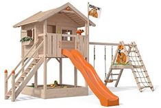 a wooden play set with a slide and climbing frame