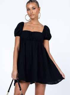 Mini dress 100% cotton Length of size US 4 / AU 8 shoulder to hem: 75cm / 29.5" Alexis is wearing a size US 2 / AU 6 Muslin look material Elasticated shoulders Short puff sleeves Padded cups Tie back fastening Low back Good stretch Lined bust All Black Dresses, Brunch Dress, Let's Dance, Casual Rompers, Mini Dress Black, Romper Outfit, Puff Sleeve Dresses, Playsuit Romper, Casual Tank Tops