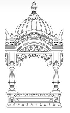 a drawing of a gazebo with pillars and arches on the sides, in black and white