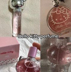 hello kitty perfume bottle and keychain are shown in three different pictures with the same caption