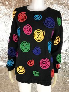 Women's vintage 1980's black with multi-color swirl design knit sweater.  Size medium.  Has stretch.  Pre-owned.  Good vintage condition.  BUST=37 inches.  WAIST=36 inches.  WRIST=6 inches.  LENGTH=27 inches.  Heavy! Colorful Swirls, Silly Clothes, Oc Stuff, Funky Style, Rainbow Outfit, Quirky Fashion, Swirl Design, Vintage Style Outfits, Character Outfits