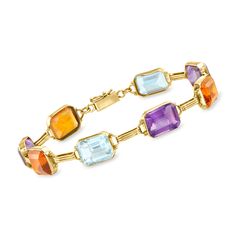 Ross-Simons - C. 1970 Vintage 40.00ct t. w. Multi-Gemstone Link Bracelet. 7.5". C. 1970. From our Estate collection, this luxurious link bracelet alternates vibrant jewels of ample shape and size. The candy colors of 40.00 ct. tot. gem wt. emerald-cut amethyst, citrine and aquamarine complement each other perfectly in polished 14kt yellow gold. Figure 8 safety. Box clasp, multi-gemstone link bracelet. Exclusive, one-of-a-kind Estate Jewelry. Jewelry Presentation, Safety Box, Gold C, Figure 8, Box Clasp, Aquamarine Stone, Amethyst Stone, Candy Colors, Blue Stone