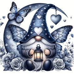 a gnome with a lantern and butterflies on it's head is surrounded by roses