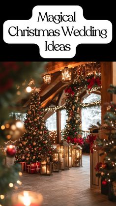 A cozy Christmas wedding setup with festive decorations, winter-themed decor, and magical lighting for a dream celebration. Christmas Eve Wedding At Home, Christmas Wedding Fireplace, Christmas Wedding Activities, Christmas Wedding Card Box Ideas, Christmas Wedding Chair Decorations, Christmas Decor Ideas Wedding, Christmas Courthouse Wedding, Christmas Wedding Decorations Table, Christmas Wedding Venue Ideas