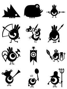 black and white silhouettes of different types of birds, with one bird holding a flag