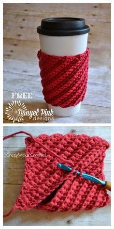 coffee cup cozyie is made with yarn and crochet to keep it warm