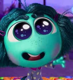 an animated character with big eyes and green hair, standing in front of colorful objects