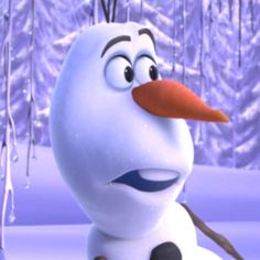 a cartoon character from the disney movie frozen in front of snow covered trees and icicles