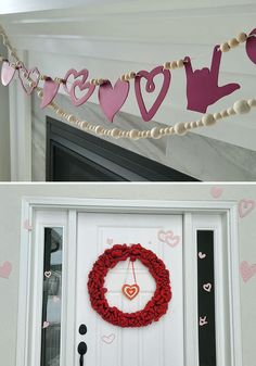 valentine's day decorations hanging from the front door and on the wall with hearts