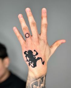 a man with a tattoo on his left hand holding up the palm of his hand