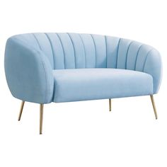 a light blue chair with gold legs