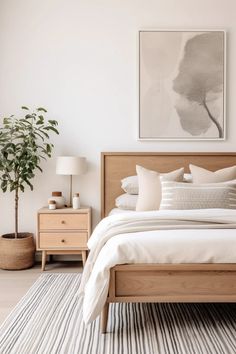 a bed with white sheets and pillows in a bedroom next to a potted plant