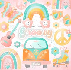 a pink background with an orange vw bus, rainbows, and peace signs