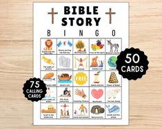 a printable bible story bingo game on a wooden table