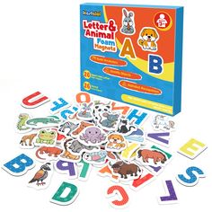 the letter and animal magnets are in front of a box with letters on it