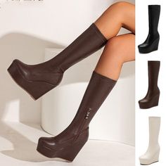 ad eBay - Find many great new & used options and get the best deals for Women Stretchy Mid Calf Boots High Wedge Heels Platform Shoes Side Zipper Boots at the best online prices at eBay! Free shipping for many products! Wedges Boots, Outfit Boards, Oc Aesthetic, Wedge Heel Boots, High Wedges, Heels Platform, Zipper Boots, Boots High, Wide Calf Boots