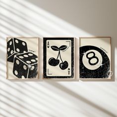 three black and white pictures with dices on them