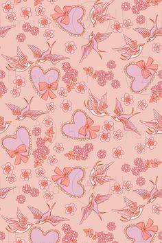 a pink background with hearts, flowers and birds in the shape of heart's