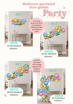 balloons are being released from the ceiling in this info sheet for balloon garlands and party decorations