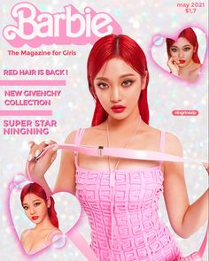 the cover of barbie magazine features a woman with red hair wearing a pink corset