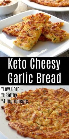 keto cheesy garlic bread on a white plate with text overlay that reads low carb healthy 4 ingredients