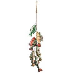 an ornament hanging from a rope with fish on it