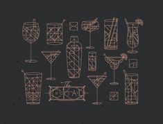 a bunch of different types of cocktails on a black and white background with orange lines