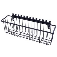 a black wire basket with four hooks