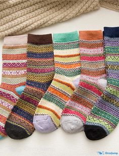 OrcaJump - Womens 5-Pair Casual Crew Socks Set - Daily Gift, Mixed Colors, Geometric/Gingham Check, Warm Wool Socks, Crew Socks, Hiking, Socks, Wool