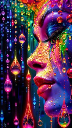 a woman's face is covered in water droplets and multicolored drops, as if it were floating from the sky