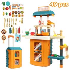 Dive into the world of cooking with this fantastic interactive toy kitchen set! This 3 in 1 kitchen playset toys can be transformed into a trolley suitcase?kitchen workbench?kitchen tool table. Featuring a glowing electric stove, realistic cooking sounds, a running water sink, various toy foods, and kitchen accessories. The multifunctional kids kitchen toys encourages children to play the role of a chef, enhancing their imagination, creativity, and hands-on skills. This Pretend Play Kitchen Kits Kitchen Workbench, Workbench Kitchen, Kitchen Set For Kids, Toddler Kitchen Set, Realistic Kitchen, Toy Kitchen Accessories, Best Toddler Gifts, Kitchen Playset, Kitchen Scene