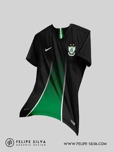 the jersey is black and green with white stripes on it, as well as an image of