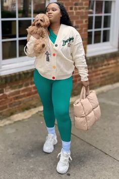 oga Jumpsuit Paired with Knit Sweater and Puffer Handbag Yoga Jumpsuit Outfit, Puffy Bags, Puffer Tote Bag, Jumpsuit Outfit, Workout Outfits, Spring Vibes, Cozy Chic