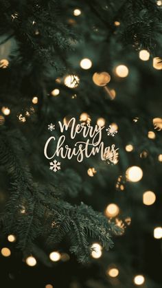 a christmas tree with lights on it and the words merry christmas written in white lettering